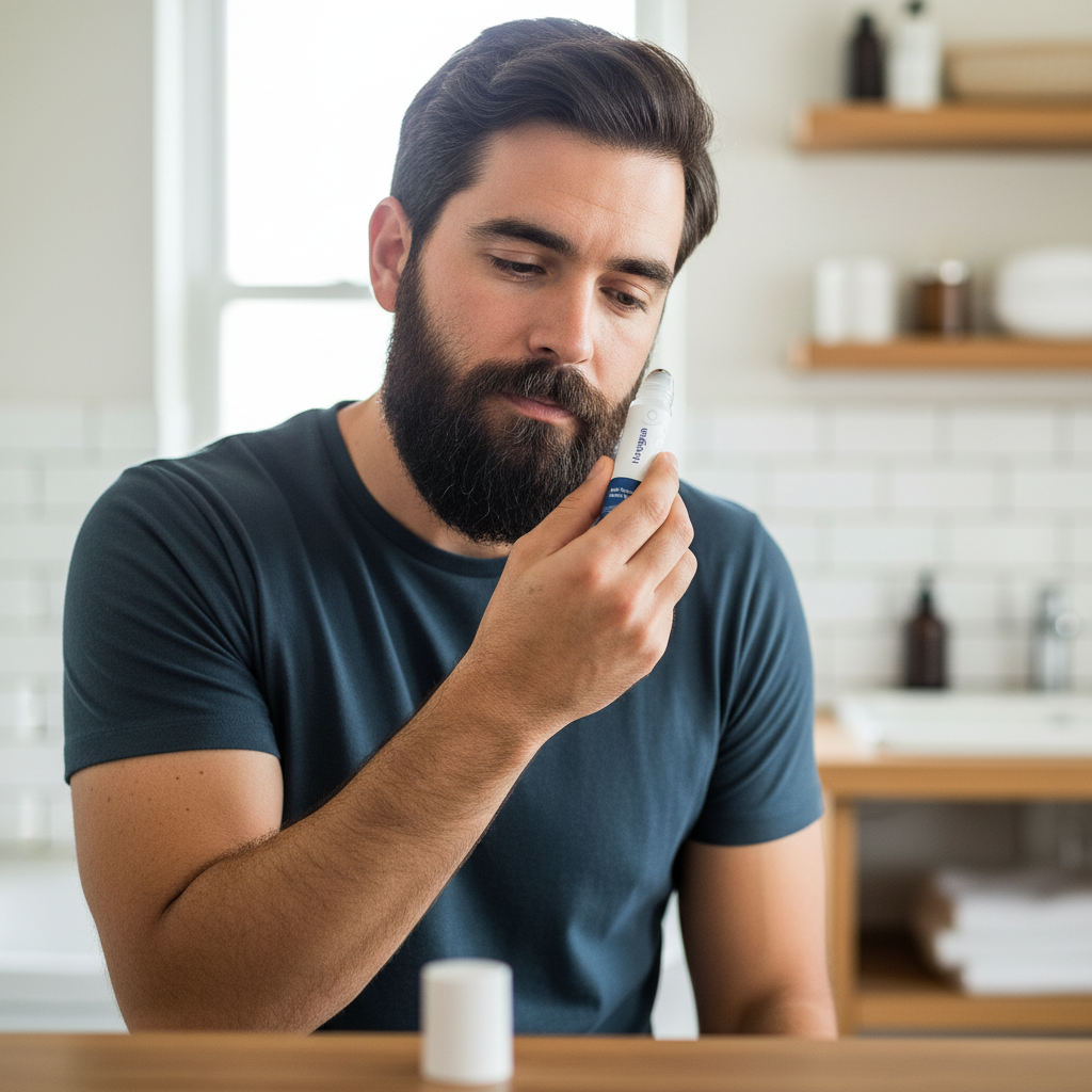 Man applicerar Hair Serum Roll-On på skägg